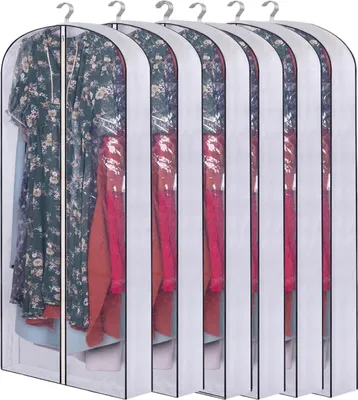 Produktbild von 6 Stück Kleiderschutzhülle, Lange Kleiderhülle Transparent Hängender Kleidersäcke mit Reißverschluss, Farbe: Weiß, Größe: 60x153cm