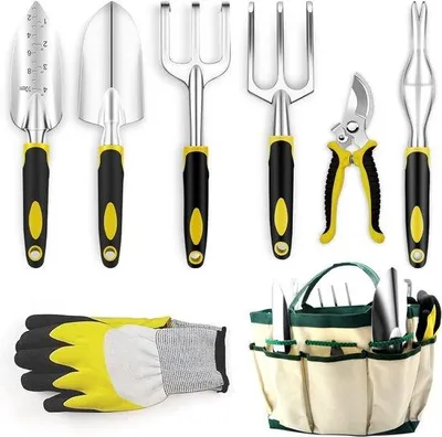 Image de Ensemble de jardinage 8 pièces comprenant des cisailles, une pelle, un râteau et des gants