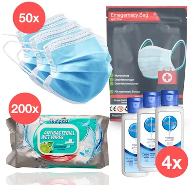 Zdjęcie produktu dla Zestaw higieniczny 2 – 50 masek ochronnych na usta i nos + 200 chusteczek dezynfekujących + 4 żele do dezynfekcji rąk