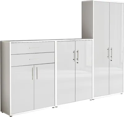 Produktbild von Aktenschrank TABOR 55 in weiß / weiß Hochglanz, Schrankwand, Büroschrank, abschließbar, Metallgriffe