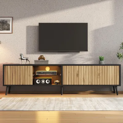Produktbild von KLAM HOME Lowboard TV-Schrank TV-Ständer 175cm Naturholz-Schwarz für 75 Zoll Fernseher Lowboard mit App-gesteuerter LED Beleuchtung Glasfach Stauraum