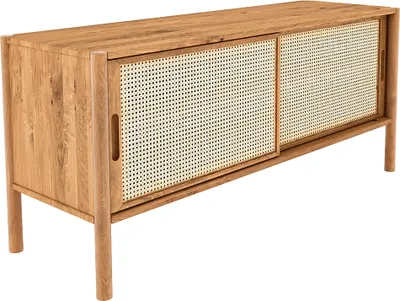 Produktbild von Lowboard 142 cm breit, Eiche massiv geölt mit Rattangeflecht, PORI-165