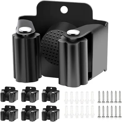 Produktbild von Mmgoqqt 6-fach Wand-Gerätehalter für Besen, Mopp, Schaufel & Werkzeuge, Edelstahl Schwarz, mit rutschfesten Rollen für sicheren Halt, einfache Wandmontage, 8,5x6,5x4 cm, für Werkstatt & Garage