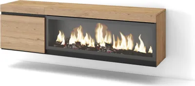 Produktbild von TV-Schrank, Lowboard, 158x35x45cm, Für TV-Geräte bis zu 65", Elektrokamin XXL, Hängend, Eiche