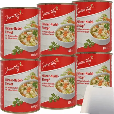 Produktbild von Jeden Tag Hühnernudeltopf mit Muschelnudeln und Hühnerfleisch 6er Pack (6x800g Dose) + usy Block
