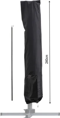 A black umbrella cover is shown standing upright on its base, with a measuring stick next to it indicating its height.