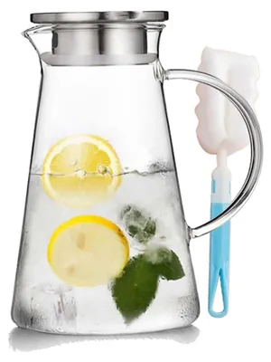 Produktbild von 2-Liter-Glaskanne mit Deckel, Glaswasserkanne mit präziser Skalenlinie, Kanne mit Deckel und Flaschenreinigungsbürste, geeignet für Kaffee, Milch, Saft, kalte oder heiße Getränke