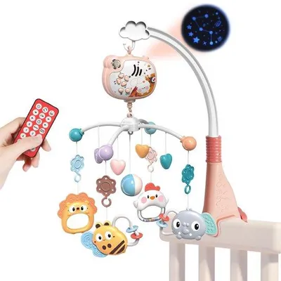 Produktbild von Baby Bettmobil mit Musik & Sternenprojektion – Fernbedienung – Mobile für Babybett – 317 Melodien – 360° drehbar – Timer – Rosa