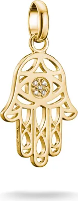A gold-colored Hamsa hand pendant with small diamonds in the center, isolated on a white background.