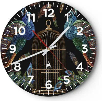 Produktbild von Wanduhr - Rund - Glasuhr - Pfauen Gold Käfig - 30x30cm - Schleichendes Uhrwerk - Lautlos - zum Aufhängen bereit - Dekoration Modern - Wanddekoration aus Glas - C4AR30x30-4390