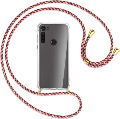 Produktbild von Handykette Backcover-Schutzhülle mit Band (Metall goldfarben) für Motorola Moto G8 - weinrot/gelb/grau