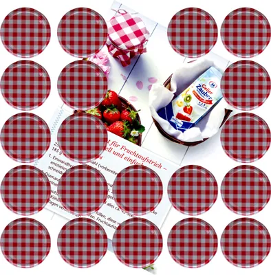 Zdjęcie produktu dla zestaw 20 pokrywek do 66 słoików w czerwoną kratkę o pojemności 125 ml wraz z książeczką z przepisami Diamant-Zucker Gelierzauber
