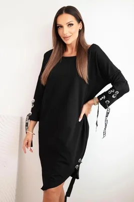 Produktbild von Asymmetrisches Damenkleid mit Zierbändern und 3/4-Ärmeln – Schwarz