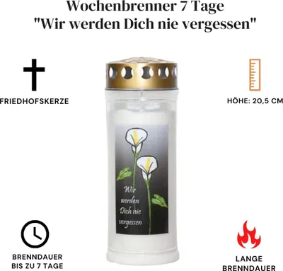 Produktbild von Grabkerze Wochenbrenner mit Deckel und Motiv Auswahl, 7 Tage Brenndauer, Wir werden dich nie vergessen 24 Stück