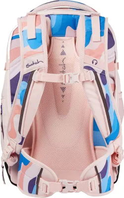 The back view of a Satch Match school backpack with a colorful abstract pattern.
