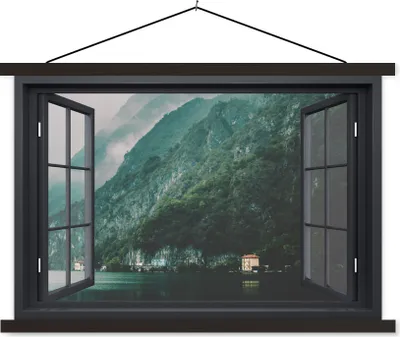 Produktbild von MuchoWow® Textilposter Aussicht - Wasser - Berg 120x80 cm mit schwarzem Rahmen - Wanddeko