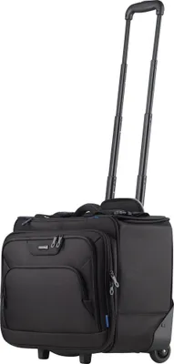 A black rolling notebook trolley with its handle extended, shown against a white background.