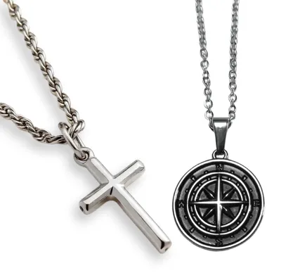 Produktbild von Elzusha – Silberne Kette mit Kreuz und Kompass für Herren