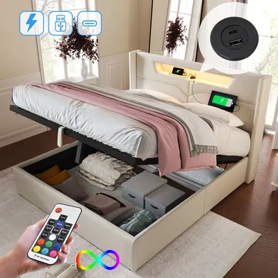 A bed with storage and LED lighting, shown with a remote control and a phone charging.