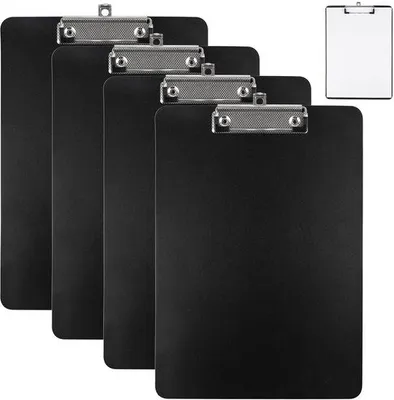 Productafbeelding van Unyqoos® Set van 4 A4-klemborden, gemaakt van PP-kunststof, afmetingen 32x23 cm – metalen klem met rubberen coating, geschikt voor maximaal 80 vellen papier, lichtgewicht en veelzijdig voor gebruik in kantoor, school en horeca
