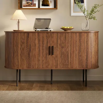 Immagine prodotto di Credenza Merax con ante a persiana avvolgibile, cassettiera con spazio contenitivo e gambe in metallo, mobile moderno per soggiorno, sala da pranzo e ingresso, effetto noce