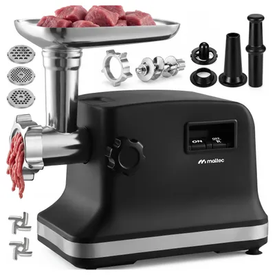 Produktbild von MalTec Elektrischer Fleischwolf Wurstfüller Kebbe mit 3 Sieben 2000W Aufsätzen Meatsy1800 Großes Set