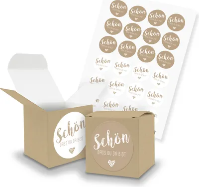 Produktbild von itenga SET "Schön dass du da bist" braun (Motiv 99) 24x Würfel 5cm braun +Sticke