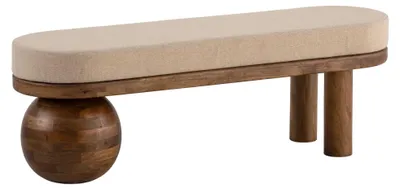 Gesamtansicht der Sitzbank Mango Massivholz 140cm mit beige Polster, Holzgestell und kugelförmiger Stützfuß.