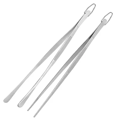 Two stainless steel kitchen tongs are displayed diagonally against a white background.