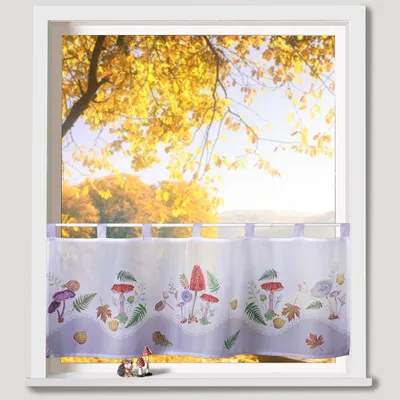 Produktbild von heimtexland ® Scheibengardine Pilz und Blätter Voile Gardine Transparent HxB 45x120 Fensterdekoration Herbst Typ758
