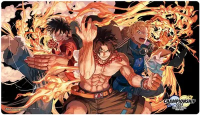 Three anime characters are depicted with fiery effects surrounding them, suggesting an action-packed theme.