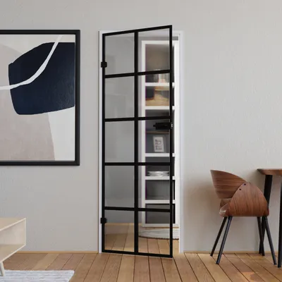 Produktbild von Loft Glastür Komplettset Klarglas mit Beschlag in schwarz matt Griff eckig 834 x 1972 mm Schloss unverschließbar ESG Sicherheitsglas 8mm, Zimmertüren
