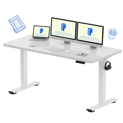 A white adjustable standing desk with two computer monitors, a laptop, a keyboard, a mouse, a cup of coffee, and headphones.