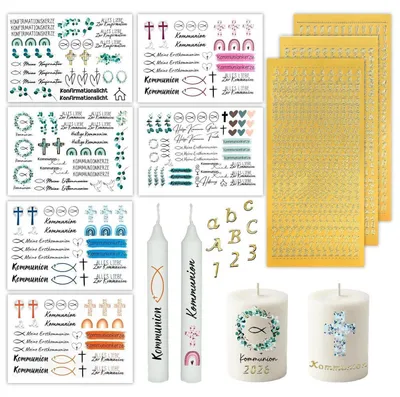 Produktbild von Kommunionkerze Bastelset 9-teilig Kerzentattoos & Wachsbuchstaben Gold