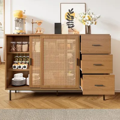 Produktbild von Sideboard mit 2 Schiebetüren und 3 Schubladen mit verstellbaren Einlegeböden, Kommode 140/H91/T37 cm