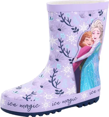 A pair of purple children's rain boots featuring characters from the movie Frozen.