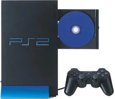 A black Sony PlayStation 2 console with a blue disc in the tray and a black controller.
