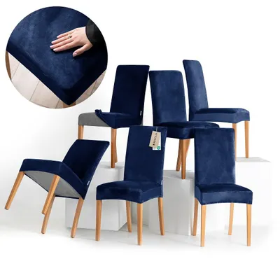 Produktbild von Stuhlhussen Stretch Set schützender Stuhlbezug Universal Stuhlüberzug Hussen 6er Set Dunkelblau