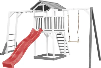 Produktbild von AXI Beach Tower Spielturm aus Holz in Weiß & Grau | Spielhaus für Kinder mit roter Rutsche, Klettergerüst, Schaukel und Sandkasten | Stelzenhaus für den Garten