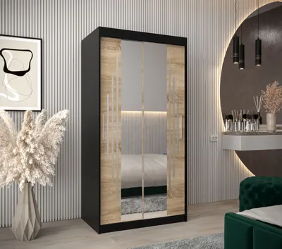 Produktbild von Kleiderschrank mit Spiegel VIVI – Breite 100 cm, schwarz / Eiche sonoma