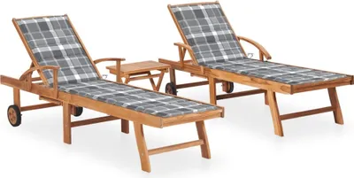 Produktbild von Sonnenliegen 2 Stk. mit Tisch und Auflagen Massivholz Teak