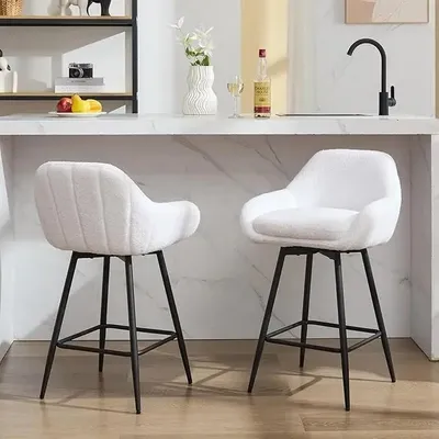 Produktbild von Drehbare Barhocker 2er Set - 66 cm Tresenhocker für Kücheninsel - Gepolsterter Sherpa Bezug - Mit Rückenlehne - Metallbeine - Weiß