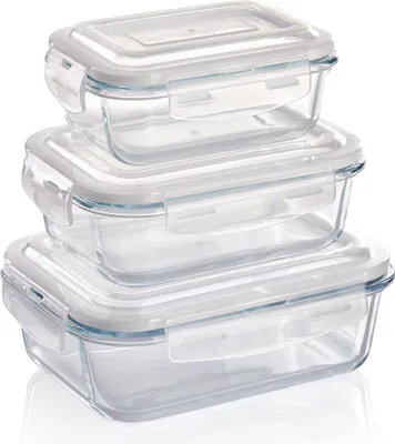 Produktbild von Frischhaltedose – Glas Vorratsdosen 3er Set 370/640/1040 ml, rechteckig, luftdicht, mit Clickverschluss, hitze- & kältebeständig