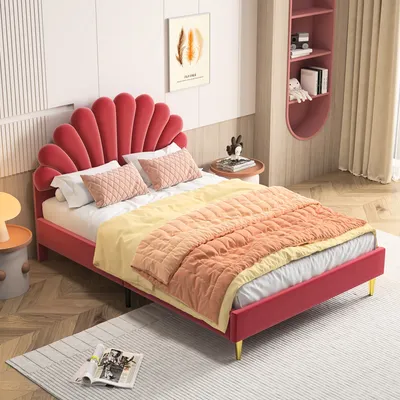 Zdjęcie produktu dla Łóżko tapicerowane ProximaX 140 x 200 cm z zagłówkiem w kształcie kwiatu, stelażem listwowym, podwójnym łóżkiem dla nastolatków i dziewcząt, łóżkiem gościnnym z przyjaznego dla skóry burgundowego aksamitu