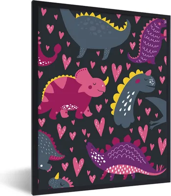 Produktbild von MuchoWow® Gerahmtes Poster Dinosaurier - Kind - Muster - Rosa - Mädchen 60x80 cm - Poster mit Schwarzem Bilderrahmen Wandposter Rahmen Foto Bilder - Premium - Wanddeko Wohnzimmer