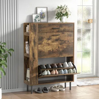Obrázok produktu pre Skriňa na topánky s 2 výklopnými dvierkami a zásuvkami, retro hnedá, 24 x 75 x 105 cm