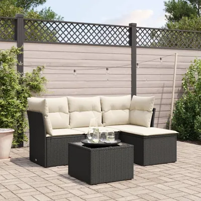 Produktbild von Design 5-tlg. Garten-Sofagarnitur mit Kissen Schwarz Poly Rattan, Gartenmöbel-Sets 2024 Neu