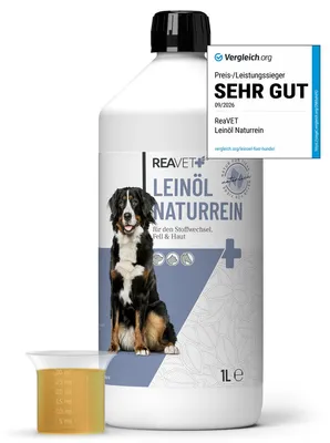 Produktbild von REAVET Leinöl Hunde Pferde 1 Liter I Leinöl Hund kaltgepresst I Reich an Omega 3 & 6 I Barf-Zusatz, Barf Öl für Hund, Katze und Pferd