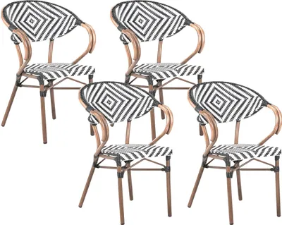 Produktbild von BELIANI Gartenstuhl 4er Set Schwarz u. Weiß Polyrattan Geflochten Geometrisches Muster mit Armlehnen Metallbeine in Dunkler Holzoptik Outdoor Terrasse
