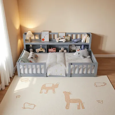 Produktbild von INONEFT Bodenbett 90x200 cm, Montessori Kinderbett mit Rausfallschutz, Kopfende mit Bücherregal Stauraum, Kiefer Massivholz, ohne Matratze, Grau